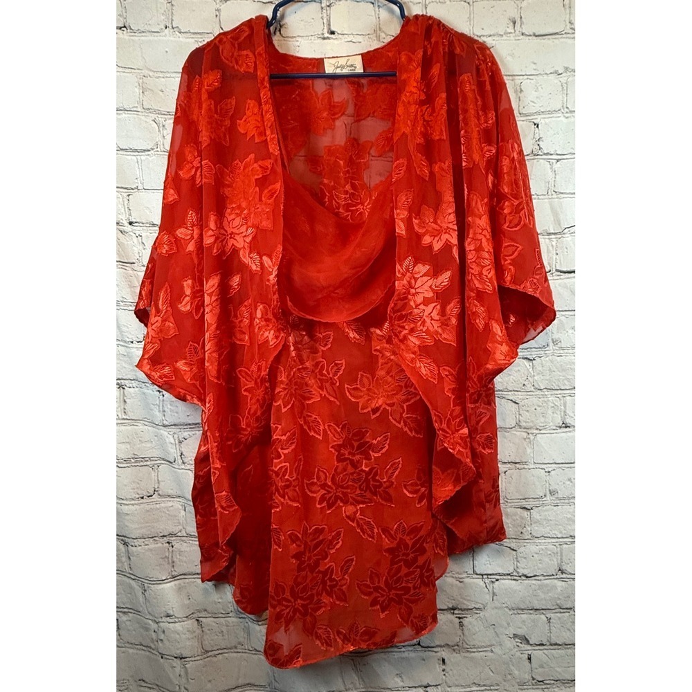 Jaclyn Smith Red Floral Burnout Sheer Cami Top and Kimono Set size Large